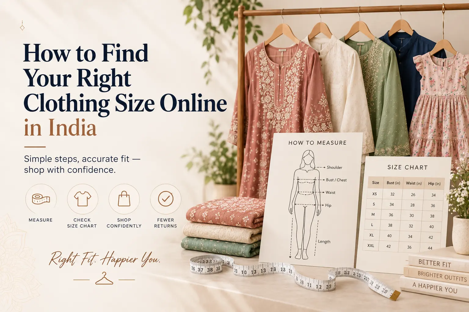 A measuring tape, a size chart and a folded kurta laid out on a table