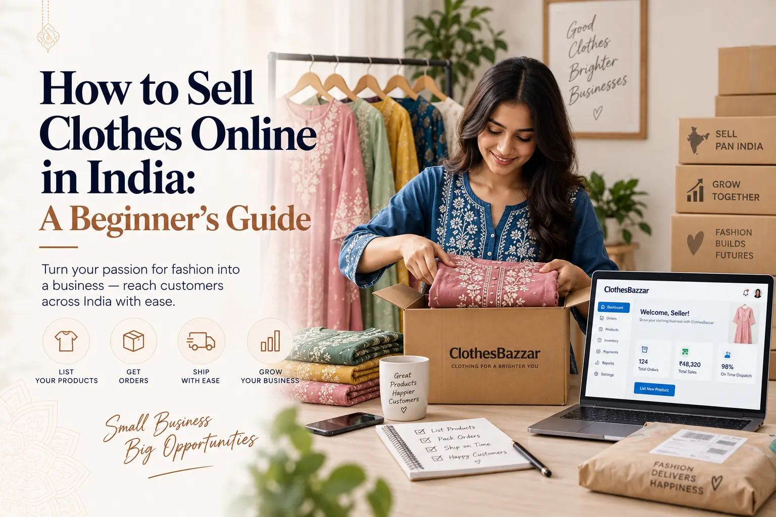 A clothing seller packing an order next to a laptop showing a seller dashboard